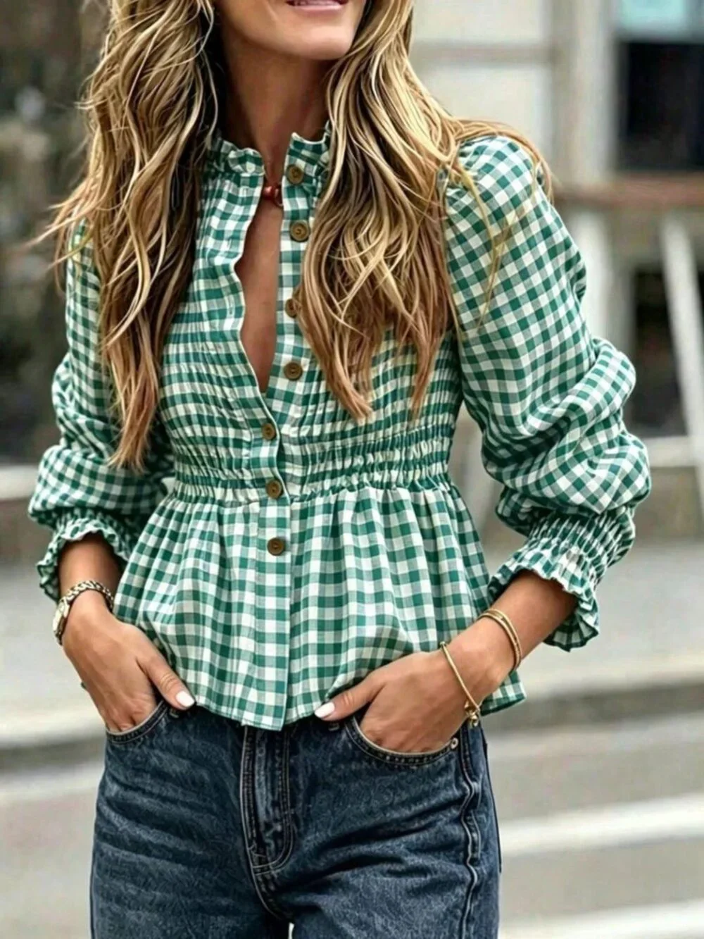Green Casual Women's French Waist Cinching Plaid Design Chic Top